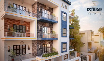 تصميم ثلاثي الأبعاد لواجهة مشروع سكني حديث في بيت الوطن - التجمع الخامس من تنفيذ شركة Extreme للتطوير العقاري، بواجهة عصرية و مواصفات تشطيب حصرية