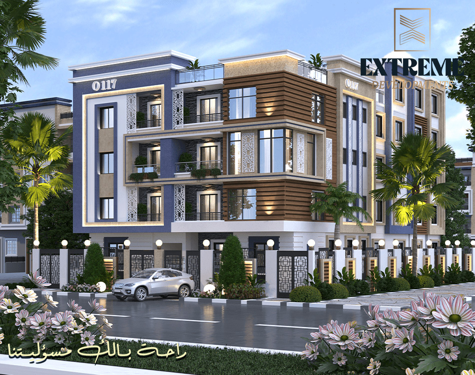 تصميم ثلاثي الأبعاد لواجهة مشروع سكني حديث في بيت الوطن - التجمع الخامس من تنفيذ شركة Extreme للتطوير العقاري، بواجهة عصرية مع شرفات وزخارف هندسية
